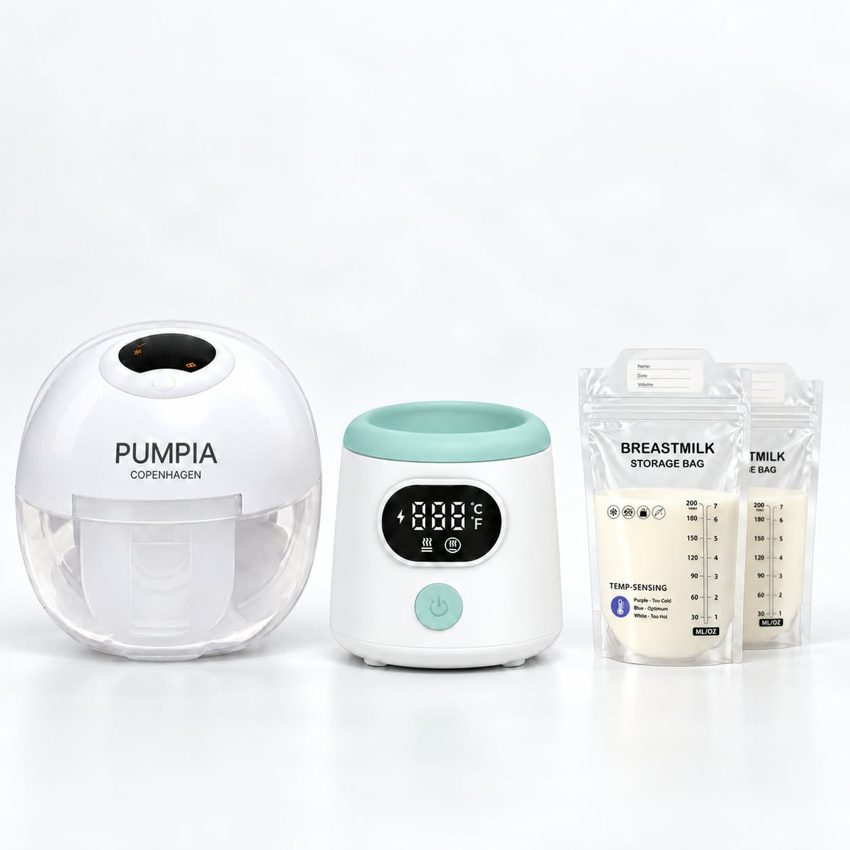 Bundle: Elektrisk brystpumpe + Flaskevarm + 50 stk mælkeposer