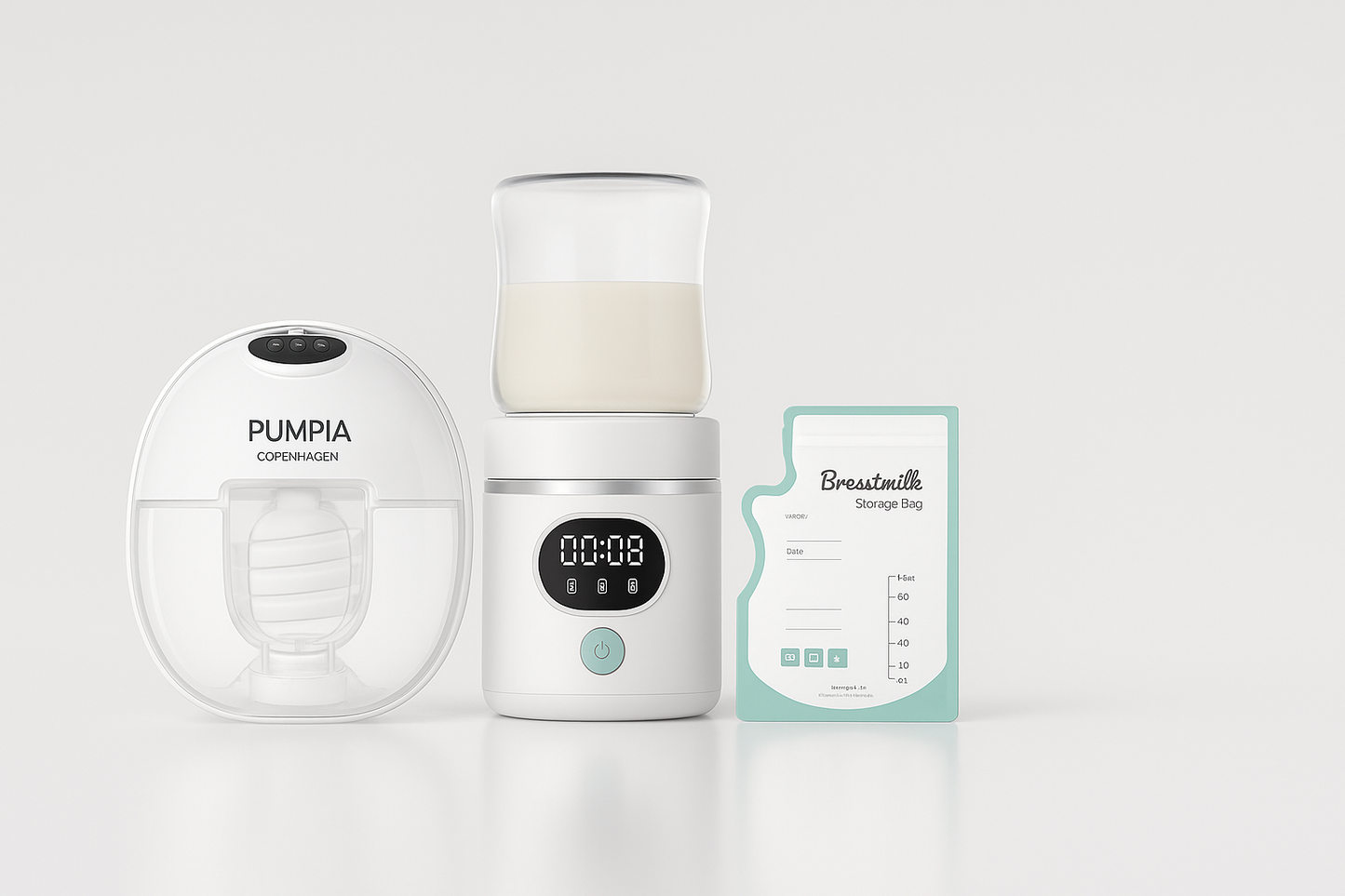 Bundle: Elektrisk brystpumpe + Flaskevarm + 50 stk mælkeposer